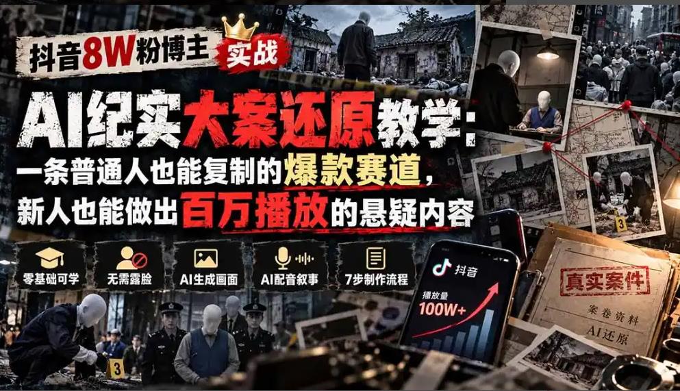 抖音8W粉博主AI纪实大案还原教学：一条普通人也能复制的爆款赛道，新人也能做出百万播放的悬疑内容 图1