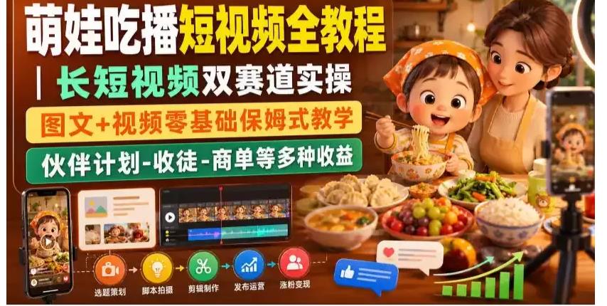 萌娃吃播短视频全教程｜长短视频双赛道实操，图文+视频零基础保姆式教学