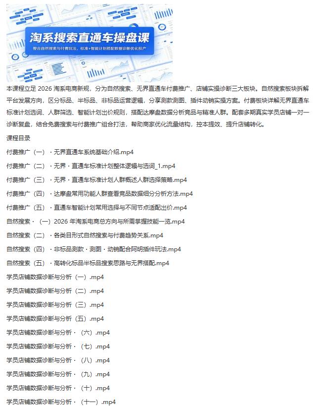 淘系搜索直通车操盘课：整合自然搜索与付费玩法，标准+智能计划搭配数据诊断优化投产 图1