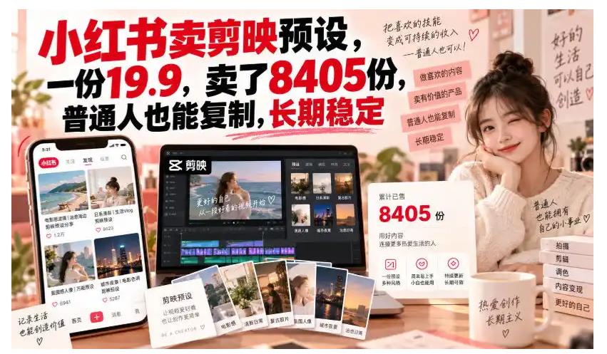 小红书卖剪映预设，一份19.9，卖了8405份，普通人也能复制，长期稳定