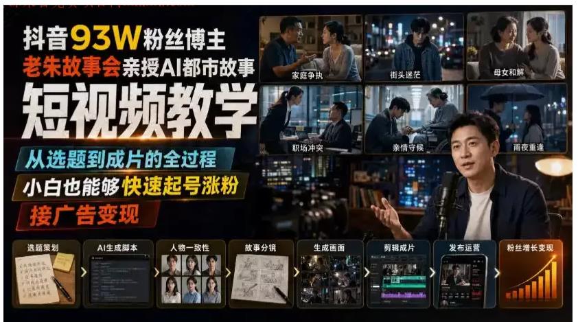 抖音93W粉丝博主老朱故事会亲授AI都市故事短视频教学，从选题到成片的全过程，小白也能够快速起号涨粉 图1